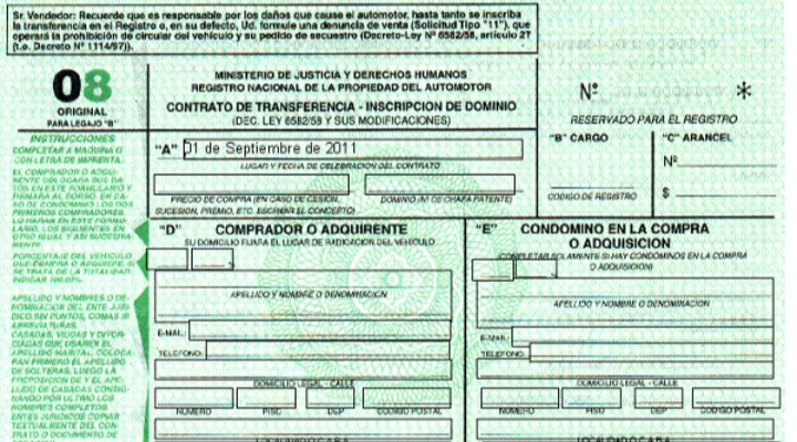 Formulario 08 para Transferencia de Automotor en Argentina 
