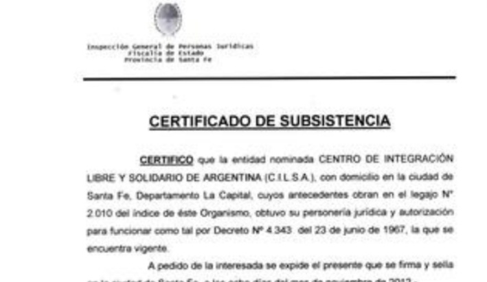 Certificado de Subsistencia de Personería Jurídica de Santa Fe